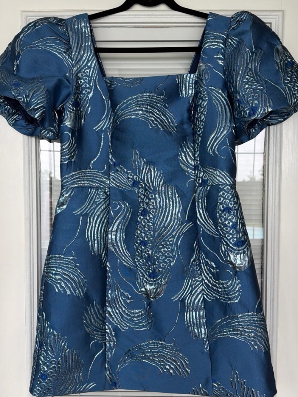 Women’s Lily Pulitzer Blue Metallic Brocade Puff-Sleeve Dress
